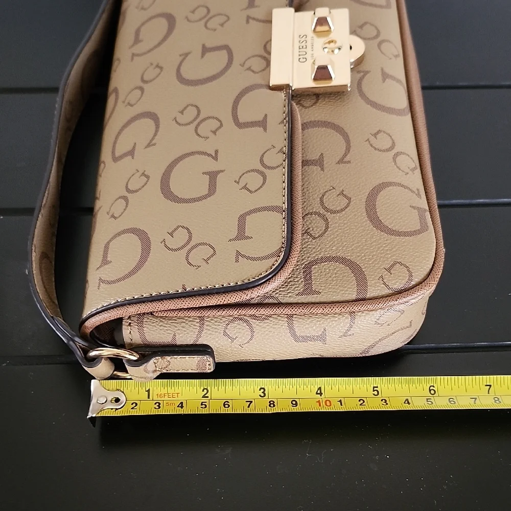GUESS Y2K Logo Baguette Bag Brown Monogram Shoulder Purse Gold Hardware - Picture 7 of 14